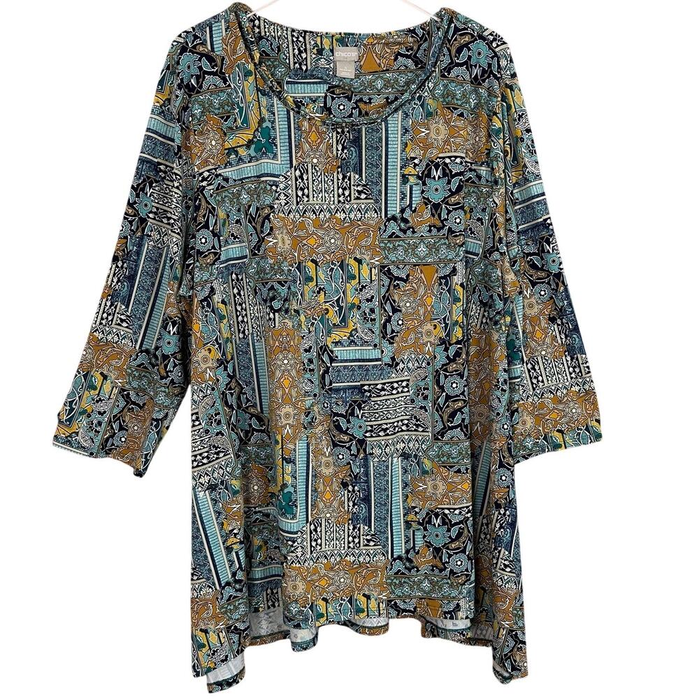 Chico's Stretch Tunic Top Mix Print 3/4‎ Sleeve Blue Size 4 / XXL